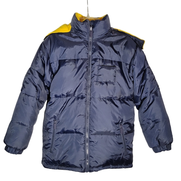 NOKI blue and yellow reversible down puffer coat with hood Size Small - Picture 16 of 16